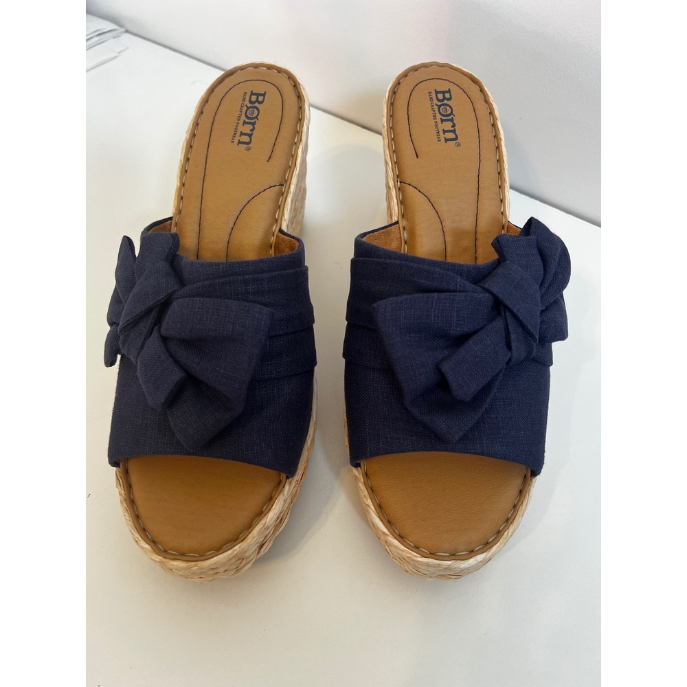 BORN Adalia Womens Navy Blue Wedge Slide Sandals Bow Detail Size 11M‎ NIB